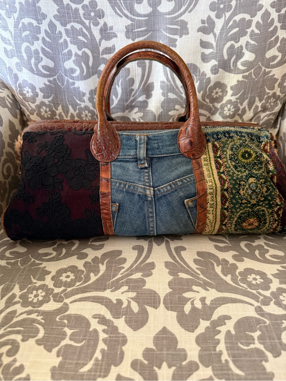 Clever Carriage Company Boho Denim & Croc with Lace & carpet bag style Handbag - Picture 2 of 16